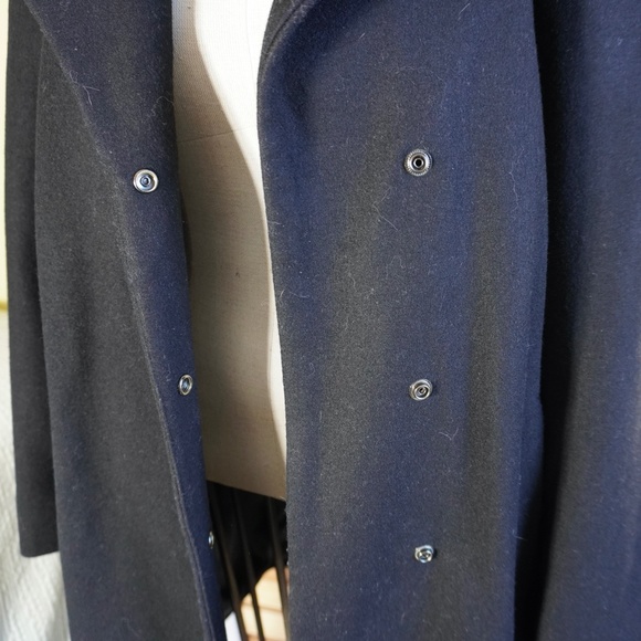 Retro Wool Coat Women Sz M Black Belted Wrap Style Knee Length Wide Collar - Picture 8 of 12